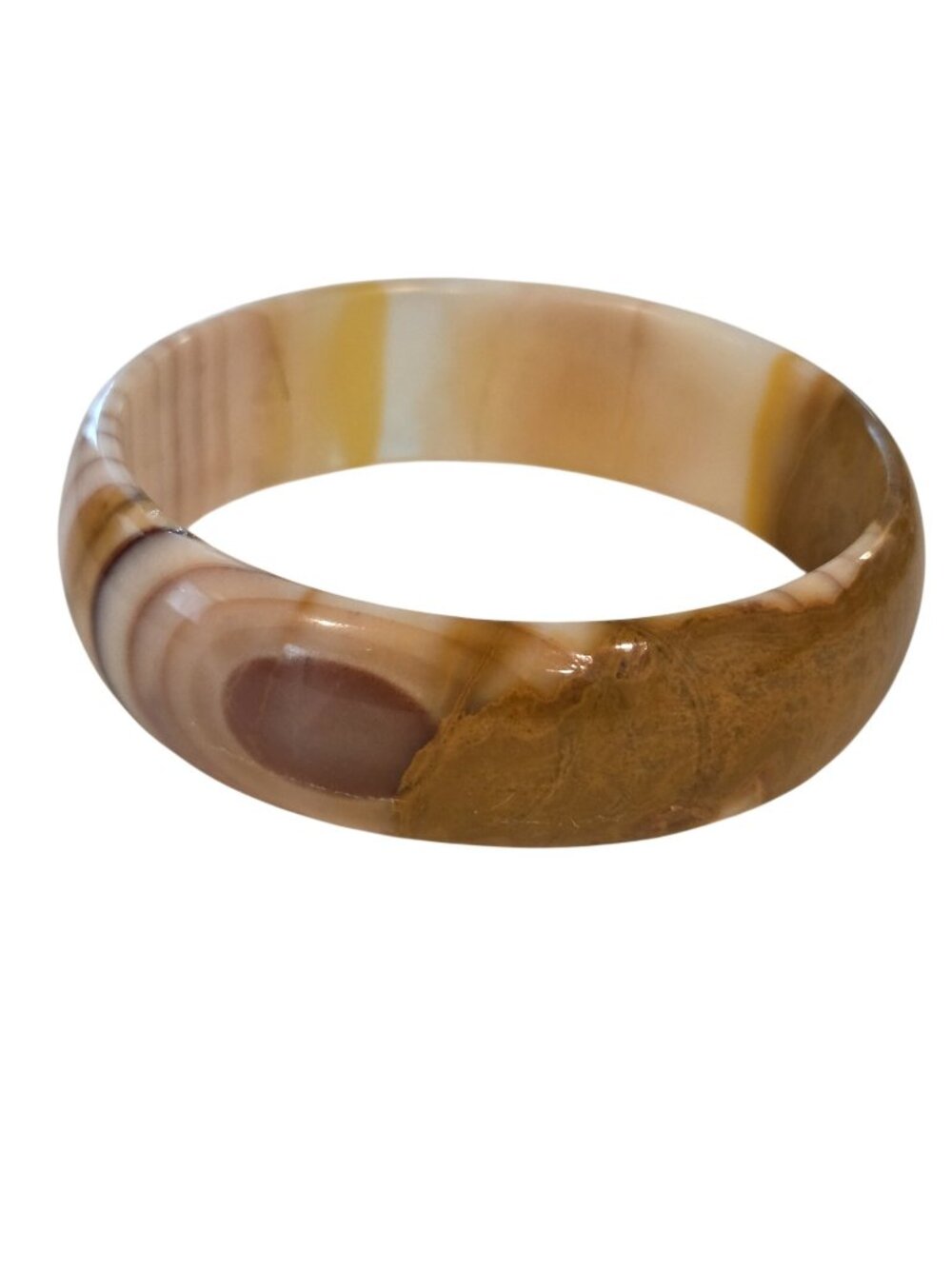 Vintage Natural White Tan Brown Agate Polished Stone Banded Bangle Bracelet